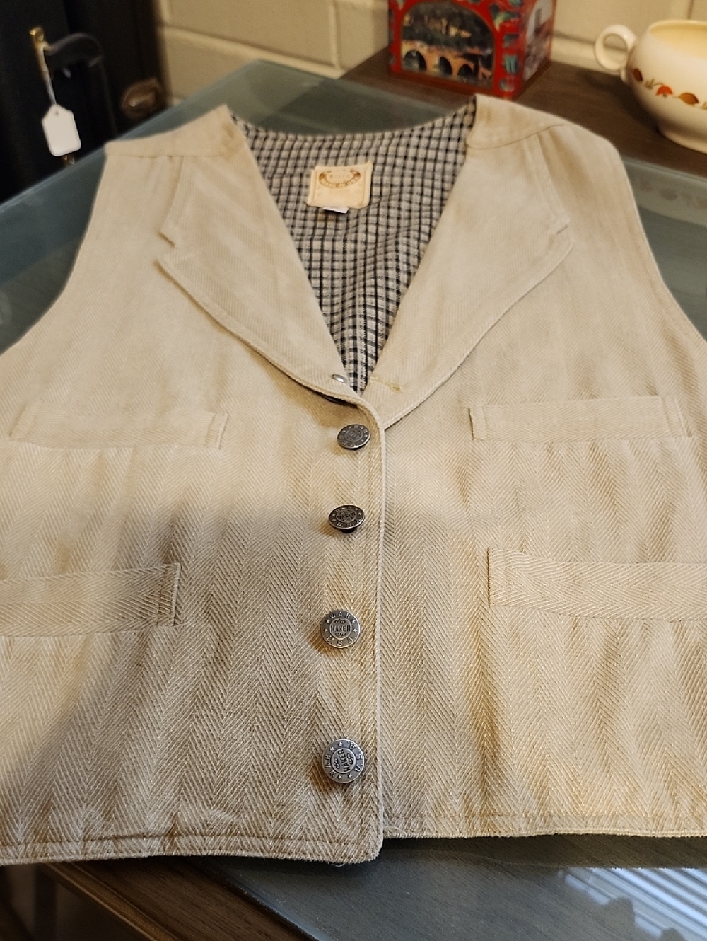 Men's Beige Herringbone Vest with Notch Lapel